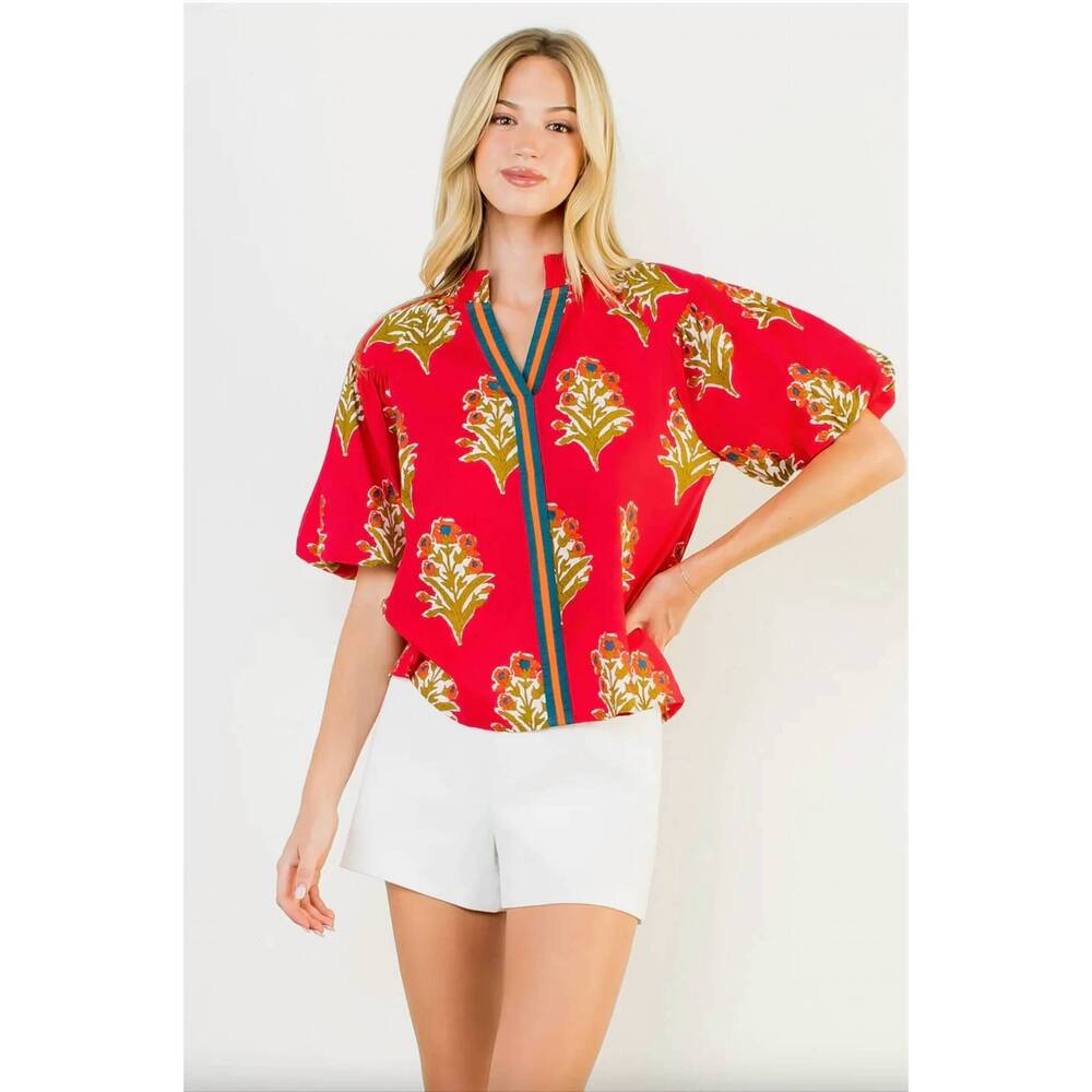 NEW THML puff sleeve floral detail top in magenta - Picture 4 of 5